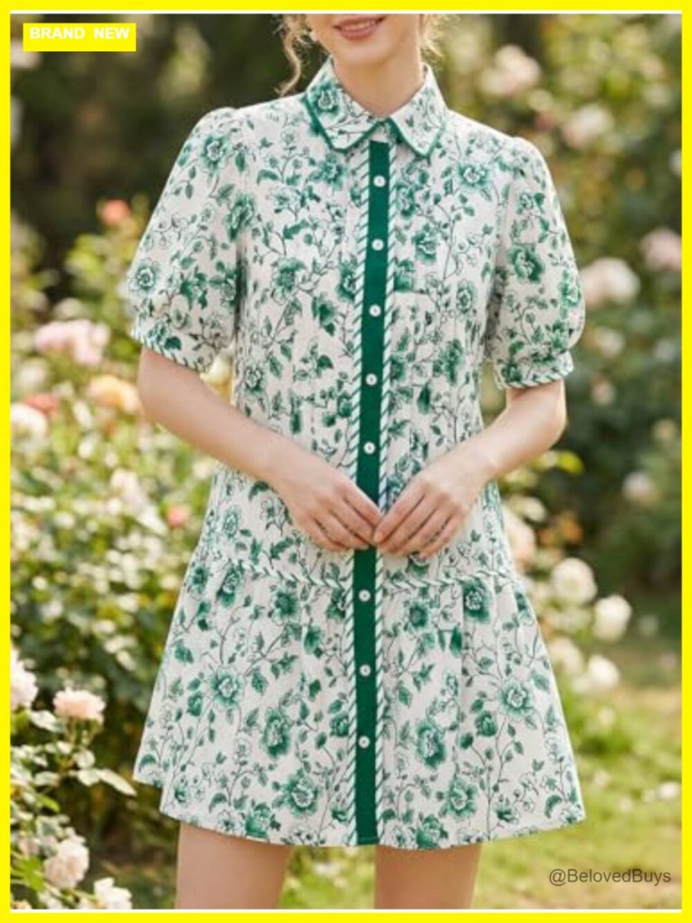 Women's Mini Dress: Short Puff Sleeve Floral Collared V-Neck Button Down Shirt - Picture 4 of 7